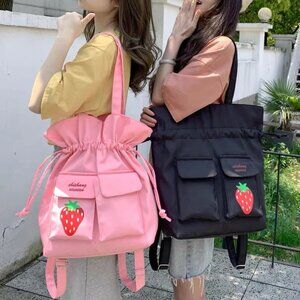 STRAWBERRY PRINT SHOULDER BAG & BACKPACK PINK BLACK